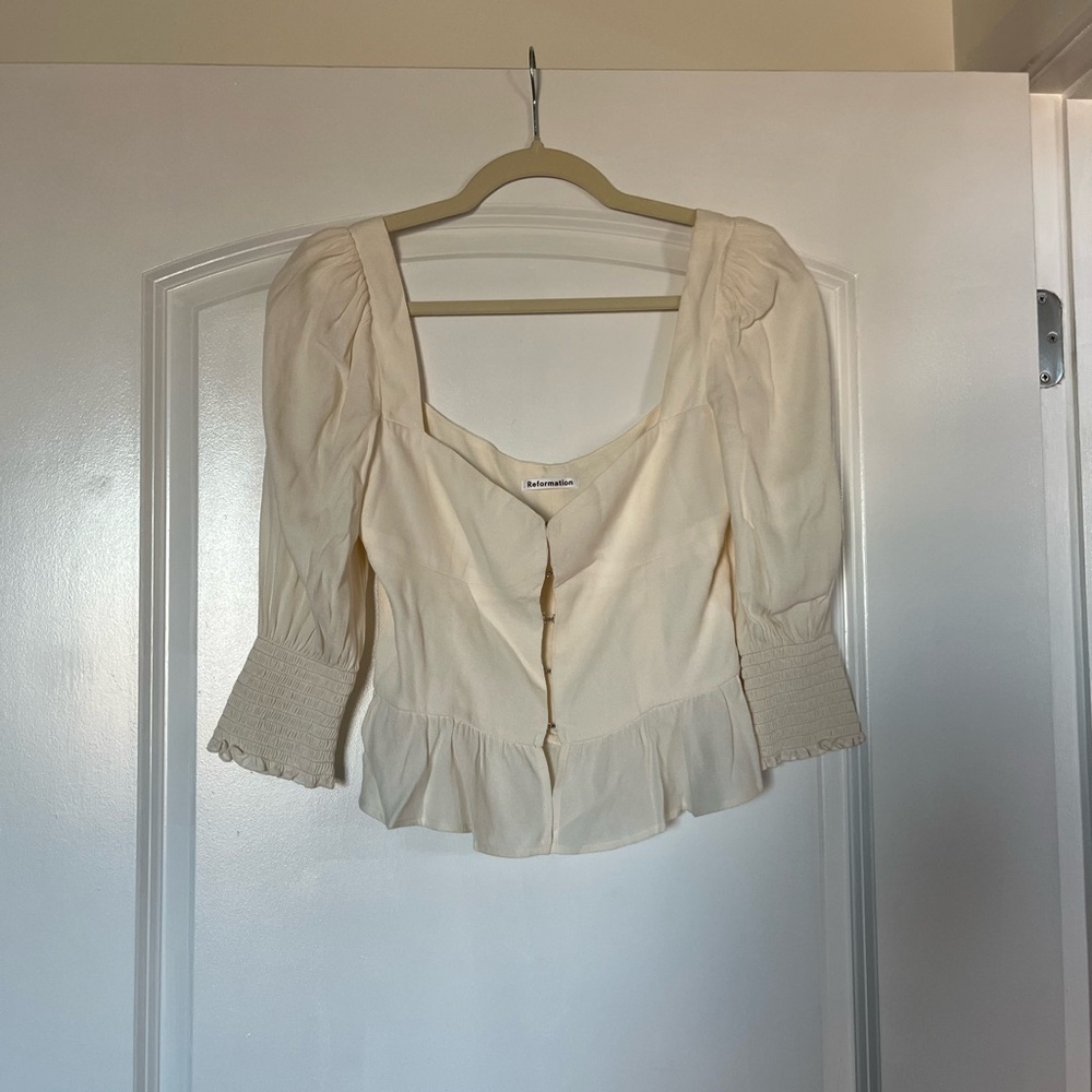Reformation Cream Ruffle Hem Peasant Blouse